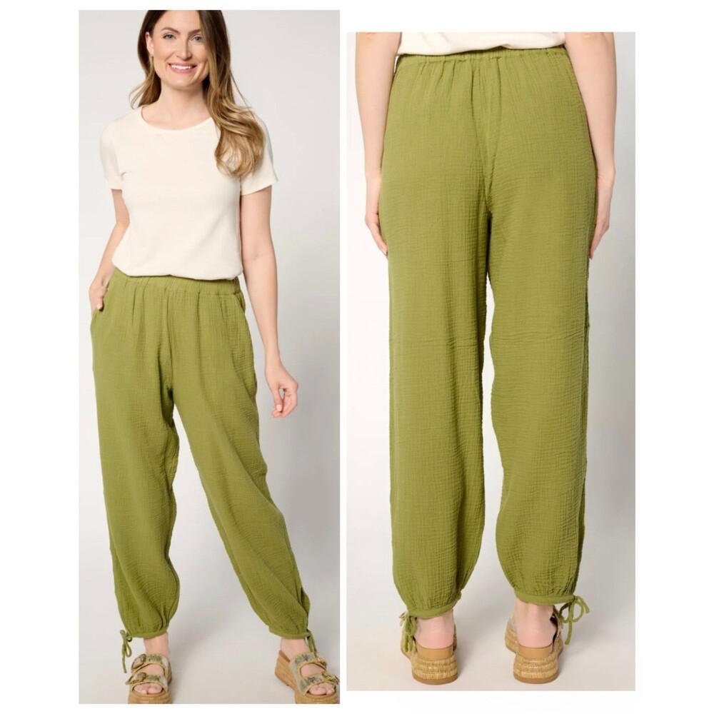 Peace Love World Boheme Pants Womens 1X Petite Green Cotton Gauze Tie Hem Boho
